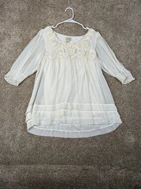 Yvos Ivory Floral Rosette Chiffon Tunic Blouse Smocked 3/4 Sleeve‎ Size 8